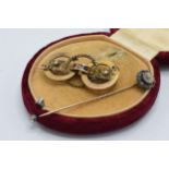 9ct gold brooch set with a sapphire, pearl and ruby together with cased 9ct gold and diamond stick