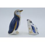 Royal Crown Derby paperweights to include Snowflake Penguin, gold stopper, together with Fairy