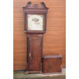19th century oak longcase clock with rolling moon dial with single weight and pendulum (needs