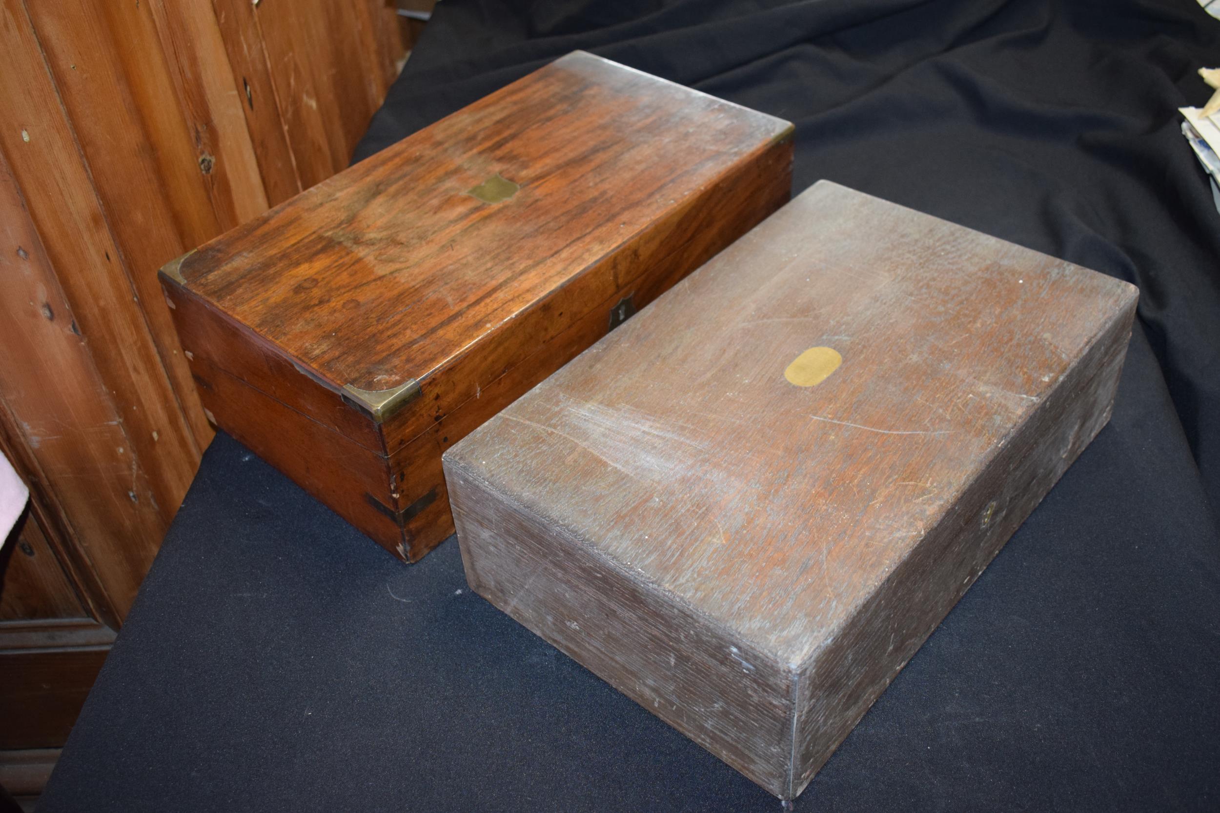 19th century wooden writing slope with brass escutcheon together with wooden empty cutlery box