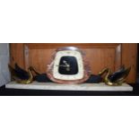 Vintage 1930s French Art Deco marble mantle clock with swan figures, 61cm long, collection only.
