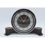 Vintage 1930s wooden cased Art Deco mantle clock with Metamec movement, 28cm wide.