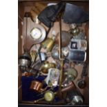 An interesting collection of items to include pin badges, unusual brass adjustable hook, tankards