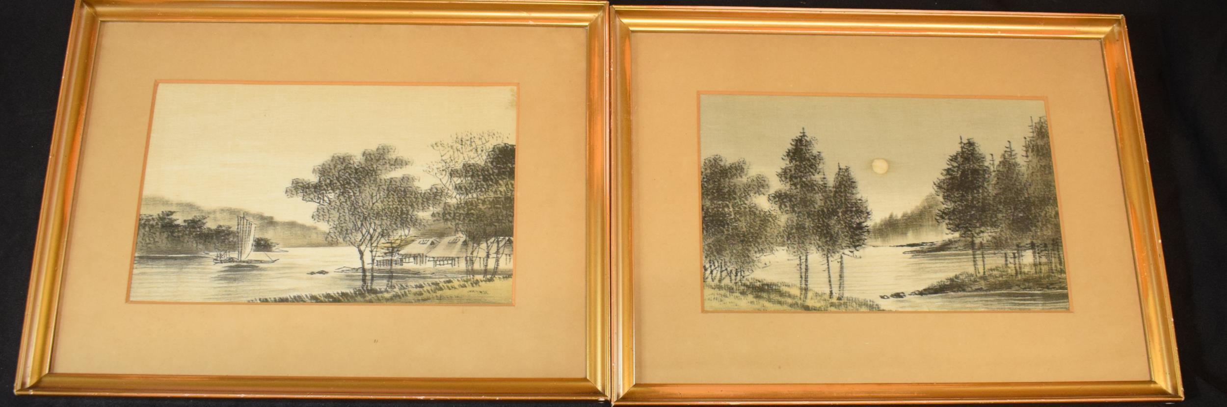 A pair of artworks on silk of lakeside scenes, 16x26cm exc mounts, framed and glazed,