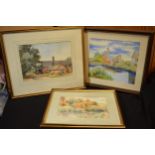 A trio of watercolours, all framed, of varying topics such as an inland waterway / mill scene and