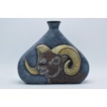 B Booth of Derby hand painted studio pottery vase with a ram's head, 27cm wide. In good condition