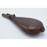 Late 19th / early 20th century leather and metal powder / pellet flask, 22cm long, with hunting