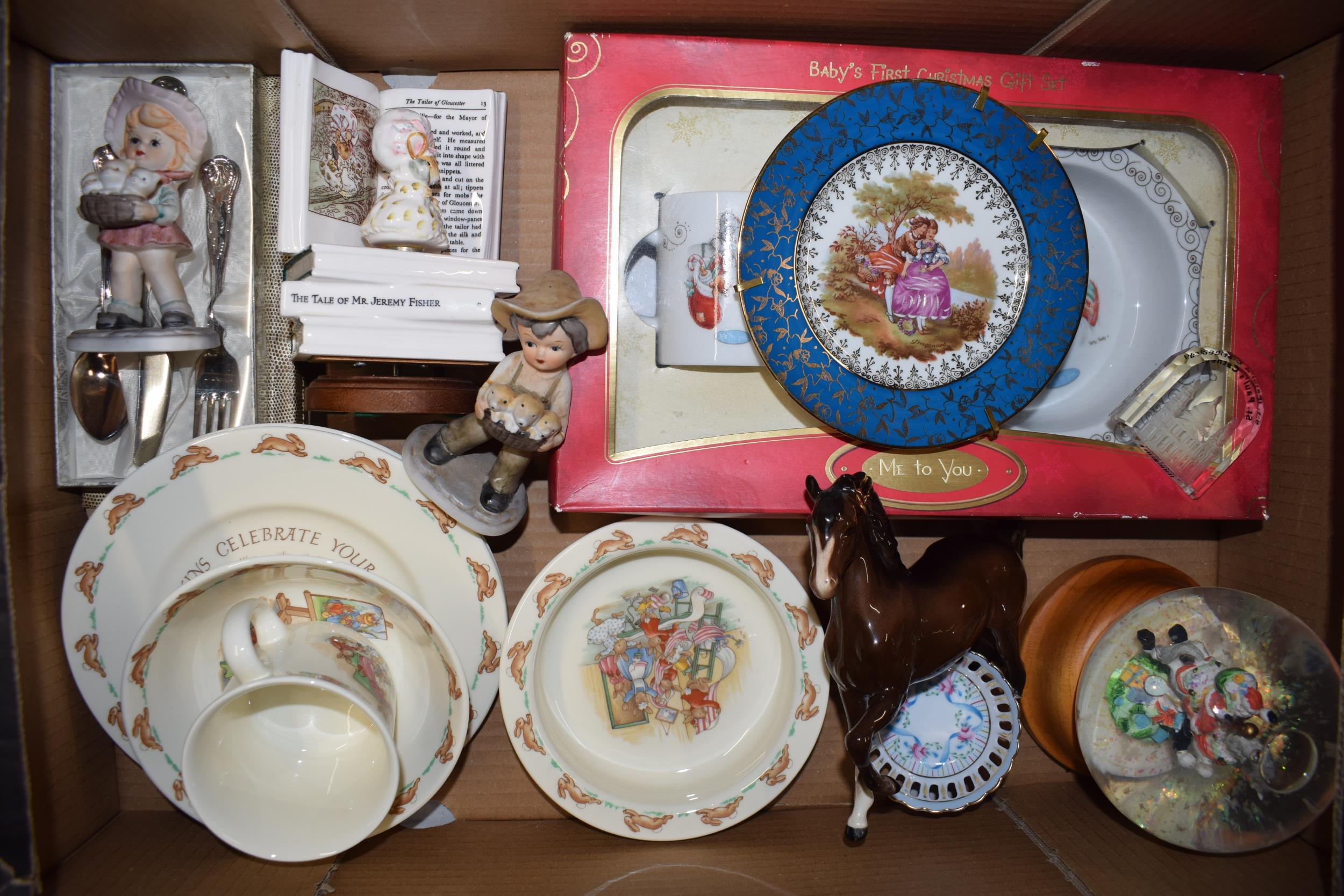 Pottery to include Royal Doulton Bunnykins items, Schmid musical Beatrix Potter, Limoges wall side