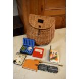 Vintage wicker fly fishing creel, various fly boxes and holders with flies and priest. Height