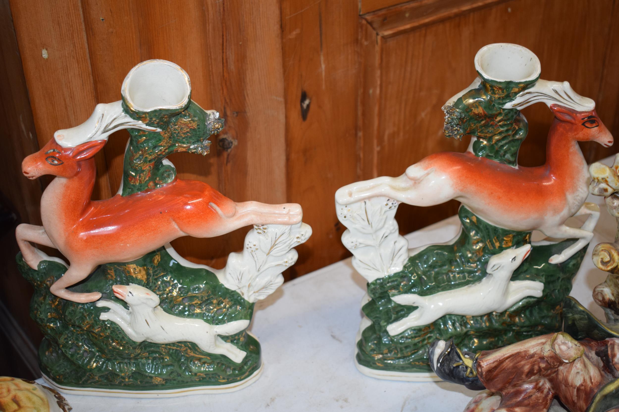 A trio of mid 20th century Staffordshire flatbacks to include a pair of deer spill vases together - Image 5 of 7