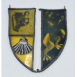 Crest shaped stained glass window. Armorial family crest. This came from a group of items from the