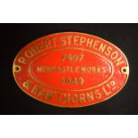 English replica railway plate casting - Robert Stephenson & Hawthorns Ltd Newcastle Works 1949,