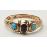 Antique 9ct gold ring set with garnet and turquoise stones, 1.8 grams, size O. Antique repair to