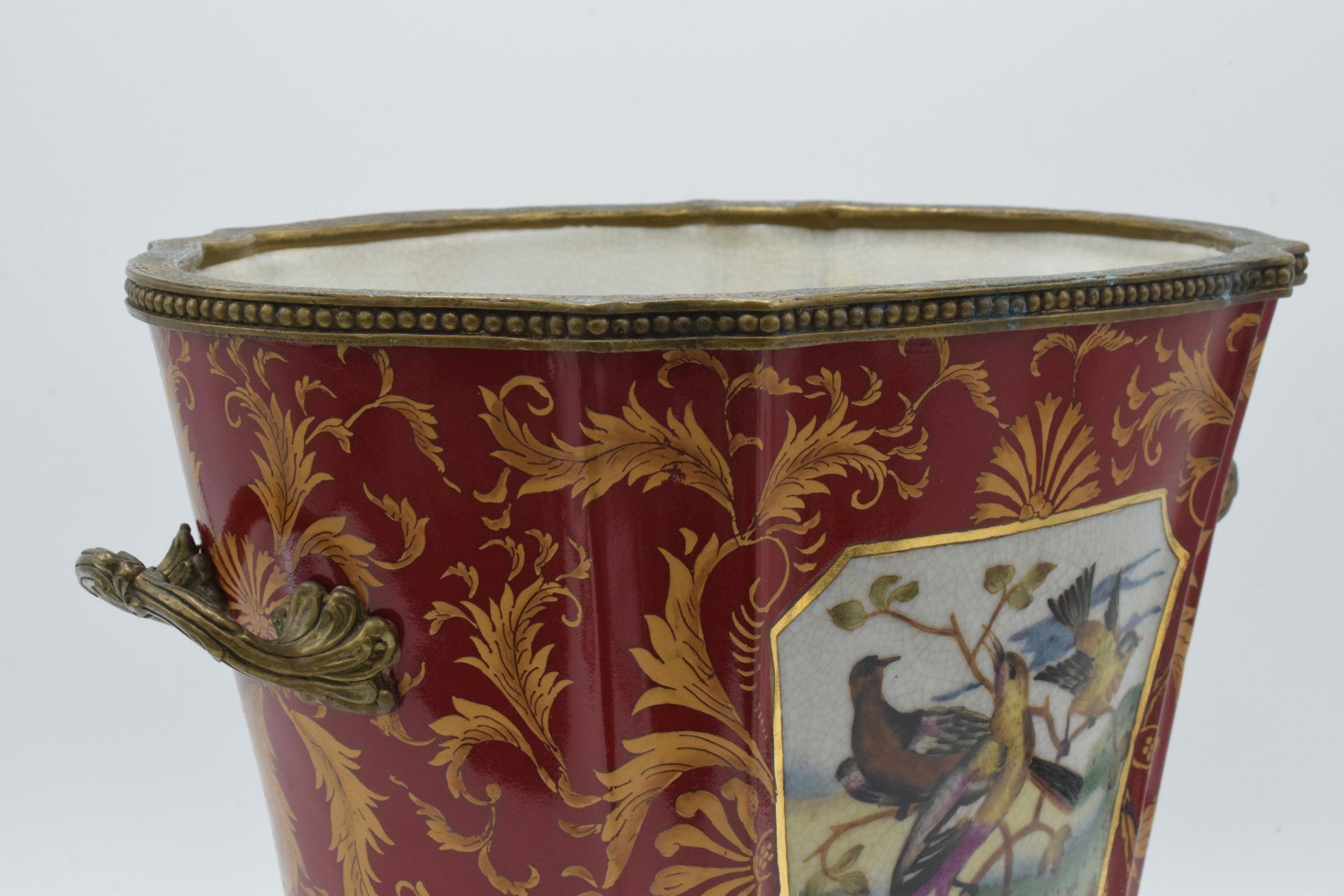 Late 19th century William Lowe pottery jardiniere / planter with brass handles with ornate feet, - Image 3 of 10