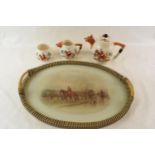 A hunting themed tea pot and coffee set c1950s together with a rattan wrapped tea tray.