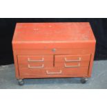 Red 5 draw Top Cabinet tool box which has had wheels added – no key to lock, 51x37x32cm.