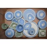 Wedgwood Jasperware in various colours to include white, sage green and blue to include vases,