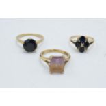 A trio of 9ct gold dress rings set with semi precious stones, 8.2 grams (3).