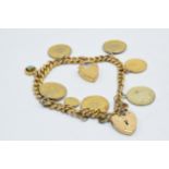 9ct gold bracelet with 9ct gold charm and heart shaped padlocks with plated coin fobs, gross