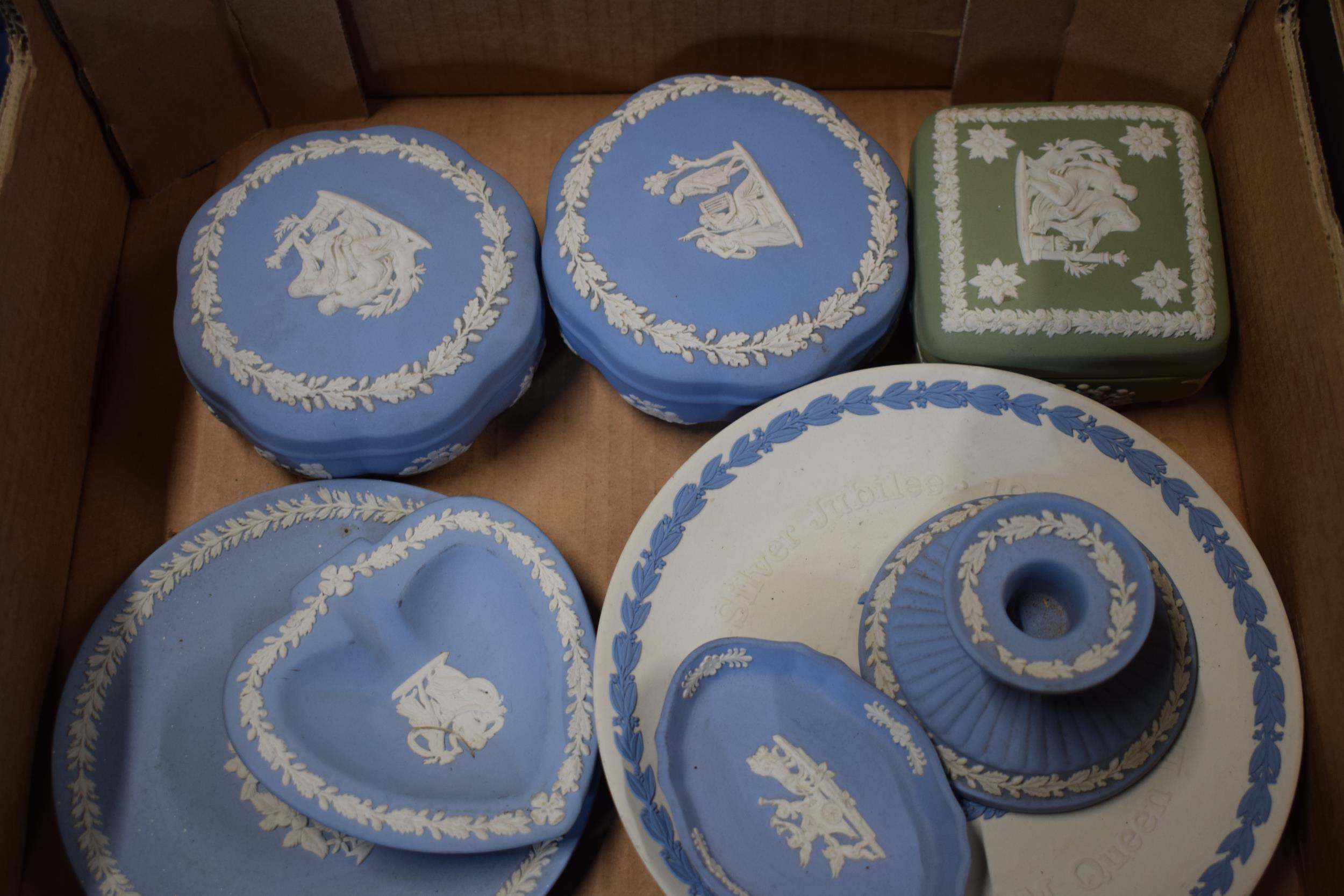 Wedgwood Jasperware in various colours to include white, sage green and blue to include vases, - Image 2 of 4