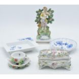 A collection of items to include a Dresden stamp holder with floral sprays and design, a cup and