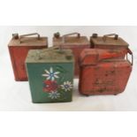 A collection of two gallon fuel cans together with a Eversure Fillacan. (5) In original condition.