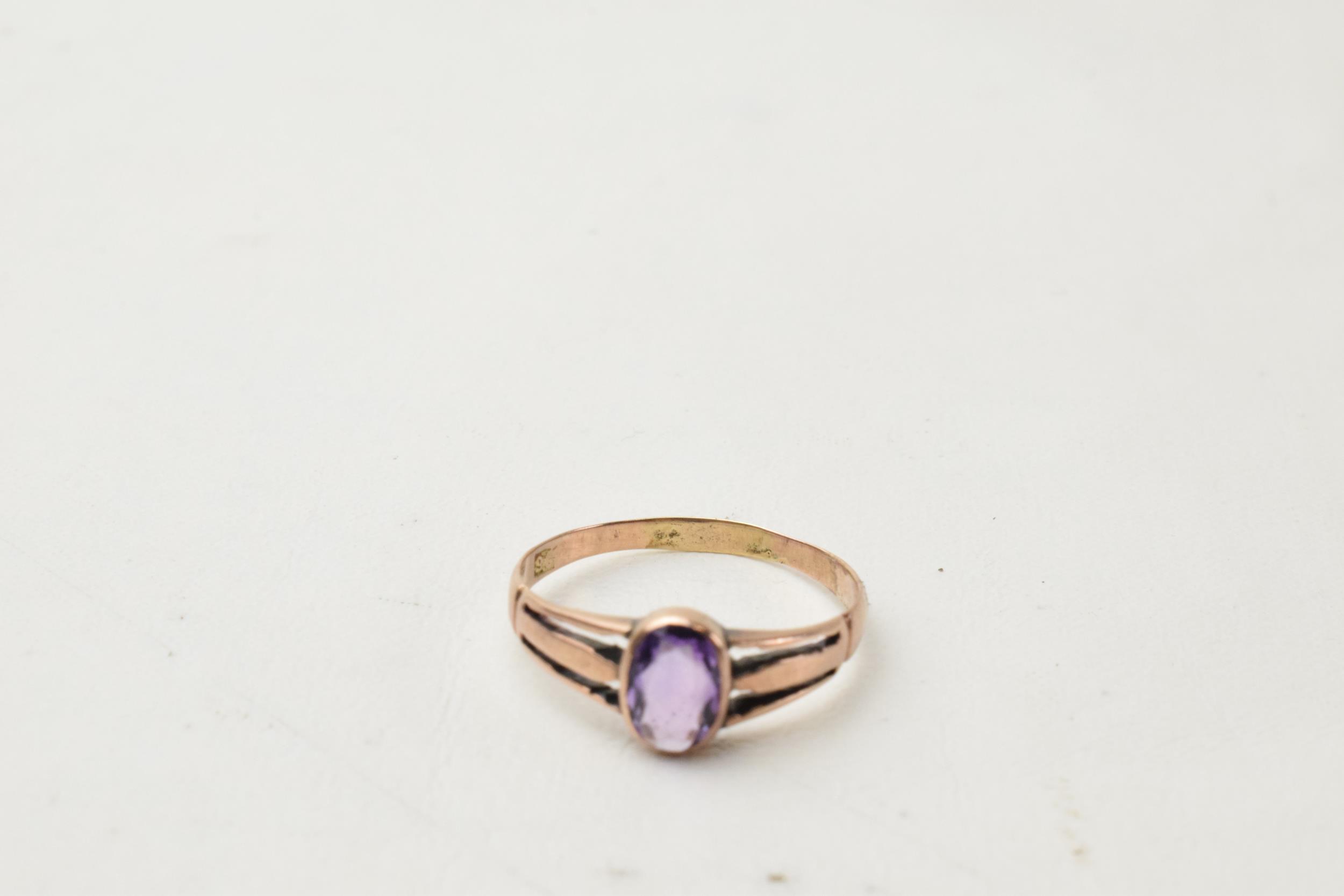 Antique 9ct gold ladies ring set with an amethyst, 1.7 grams, size S. Antique repair to shank. - Image 2 of 2