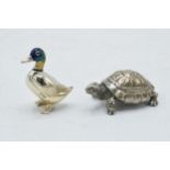 A pair of silver miniature figures of a enamelled mallard duck and a turtle, combined weight 26