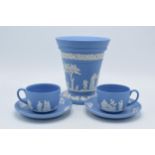 Wedgwood Jasperware in Blue to include a large posy holder with 2 cups and saucers (5). In good