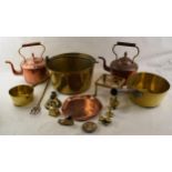 A good collection of antique metalware to include copper kettles, a brass jampan, brass and metal