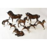 A collection of Beswick brown horses. To include two standing large and seven fowls. (9) Two large