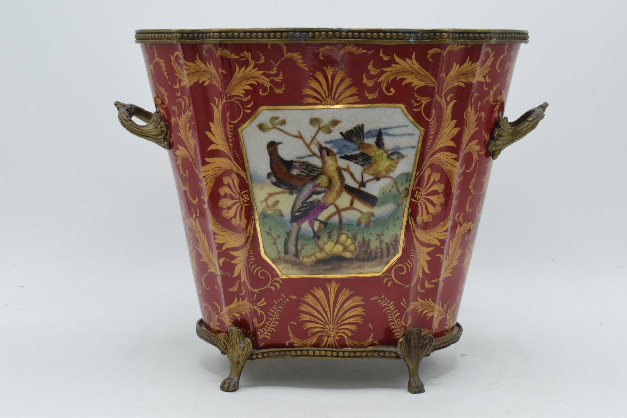 Late 19th century William Lowe pottery jardiniere / planter with brass handles with ornate feet,