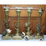 A collection of matching brass lamp bases in the form of ancient columns, Laura Ashley, 39cm tall, 3