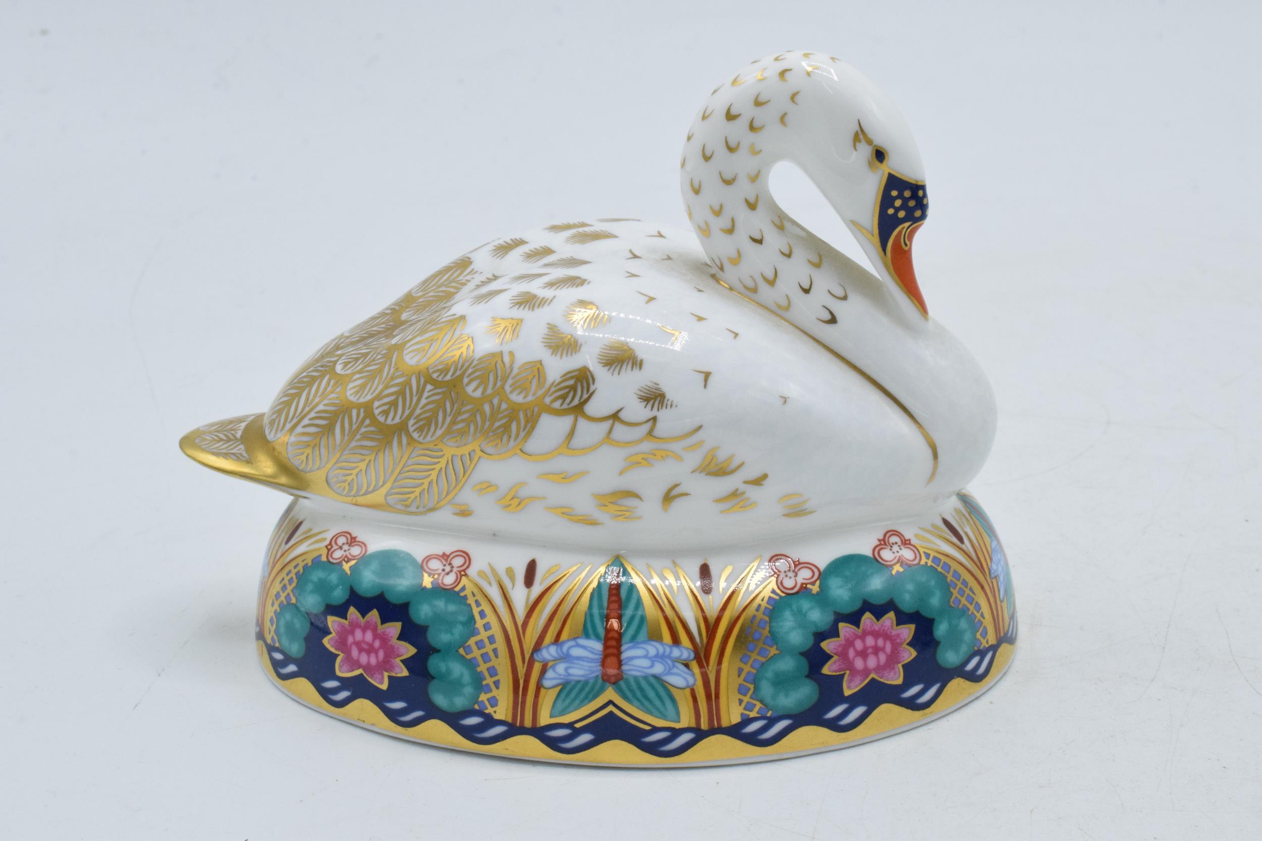 Royal Crown Derby Paperweight, White Swan nesting, date mark for 1997, gold stopper and red Royal - Image 2 of 4