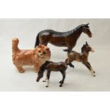 Beswick to include a ginger cat, a brown thoroughbred facing right with 2 brown foals (4). In good