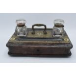 19th century wooden and brass bound desk tidy with glass ink wells and bone decoration, 31cm wide.