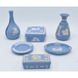 Wedgwood Jasperware to include a tri-colour vase, trinkets and others.
