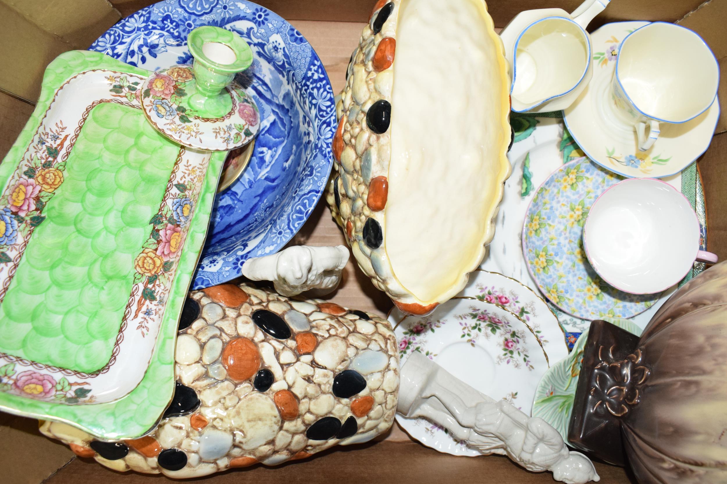 Mixed pottery to include a Maling lustre tray, Sylvac shell vases, Beswick, a Shelley duo, Royal