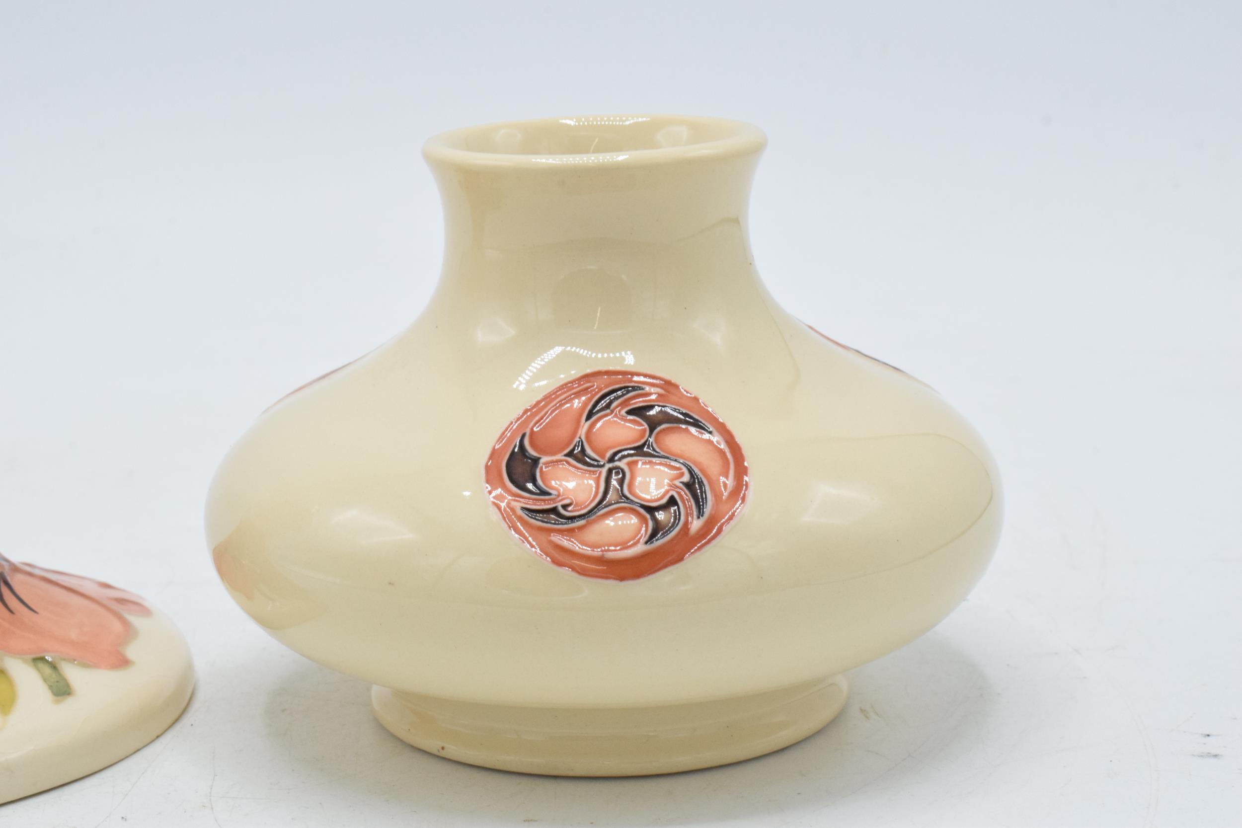 Moorcroft squat vase decorated with a Florian vase (red dot) together with Hibiscus candlestick (2). - Image 2 of 6