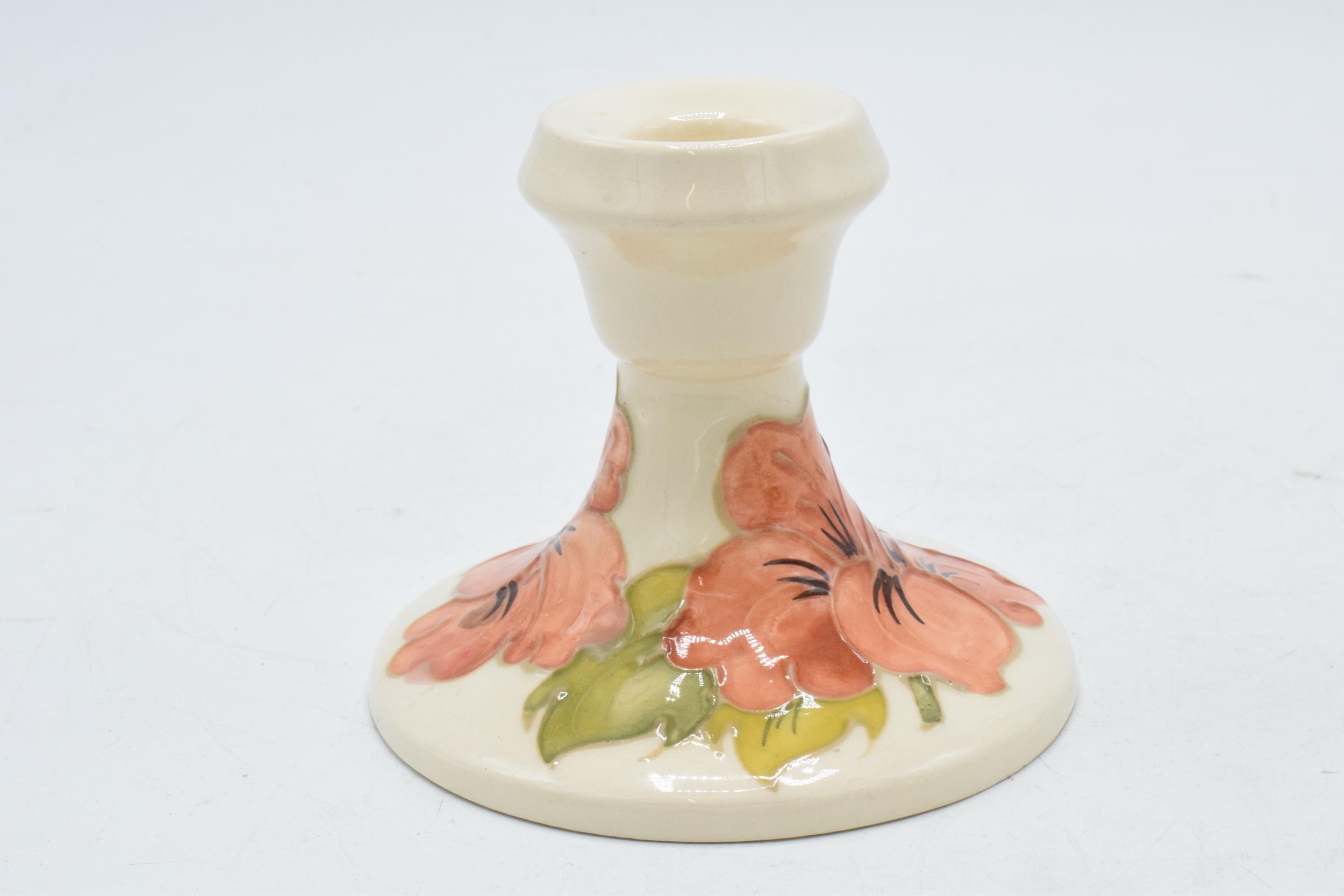 Moorcroft squat vase decorated with a Florian vase (red dot) together with Hibiscus candlestick (2). - Image 5 of 6