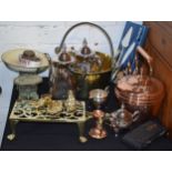 Metalware to include a brass jampan, copper kettle, a trivet, plated tea set and others (Qty -