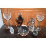 A collection of studio glass ware to include Val St Lambert monkey paperweight and globular