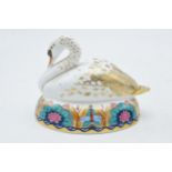 Royal Crown Derby Paperweight, White Swan nesting, date mark for 1997, gold stopper and red Royal