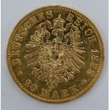 High carat gold coin (circa 21.6ct), German 1888 20 Mark coin, 7.9 grams, 12mm diameter. In good