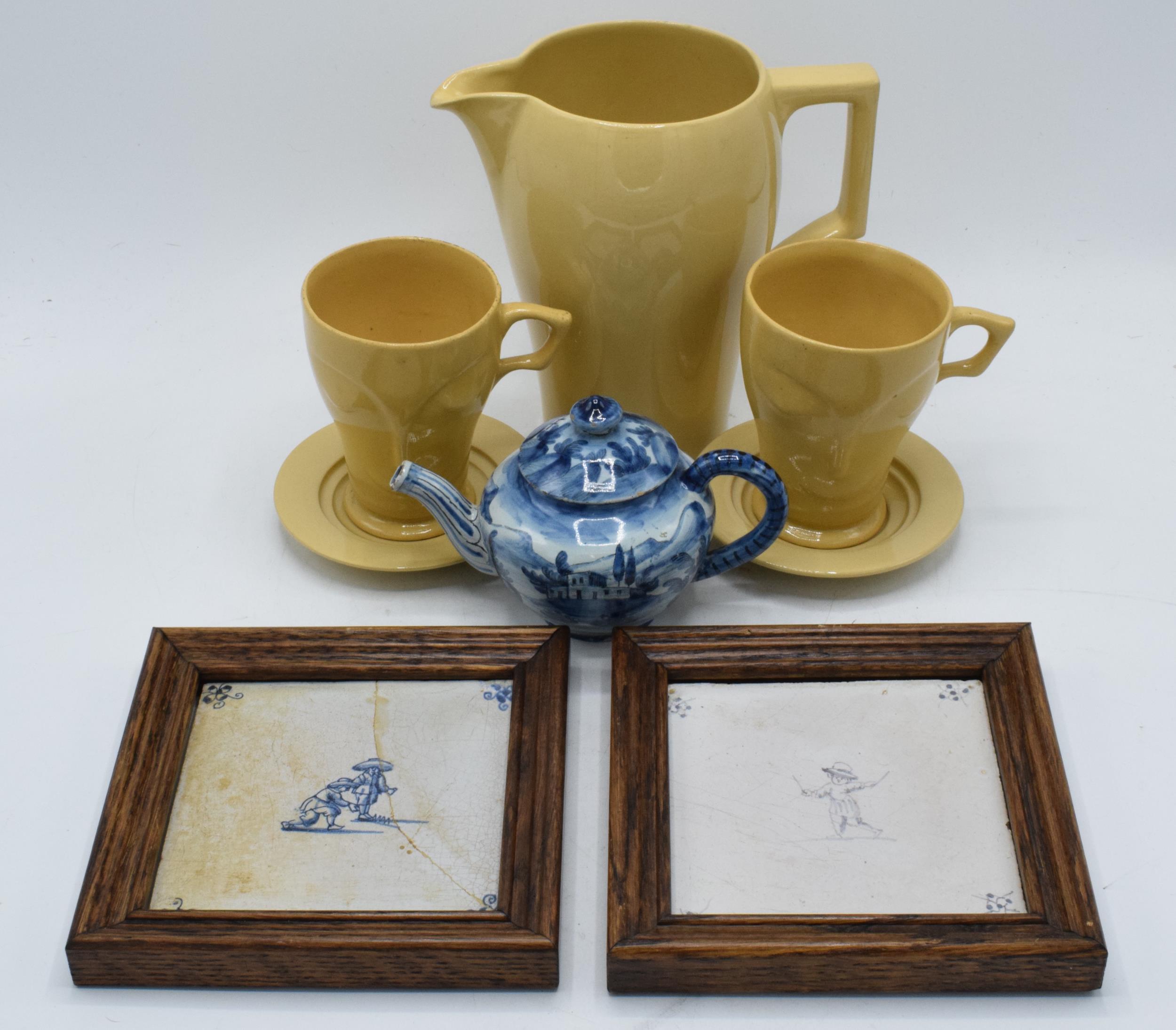 Wedgwood Bourn Vita coffee set together with a framed pair of delft tiles, circa 18th /19th