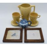 Wedgwood Bourn Vita coffee set together with a framed pair of delft tiles, circa 18th /19th