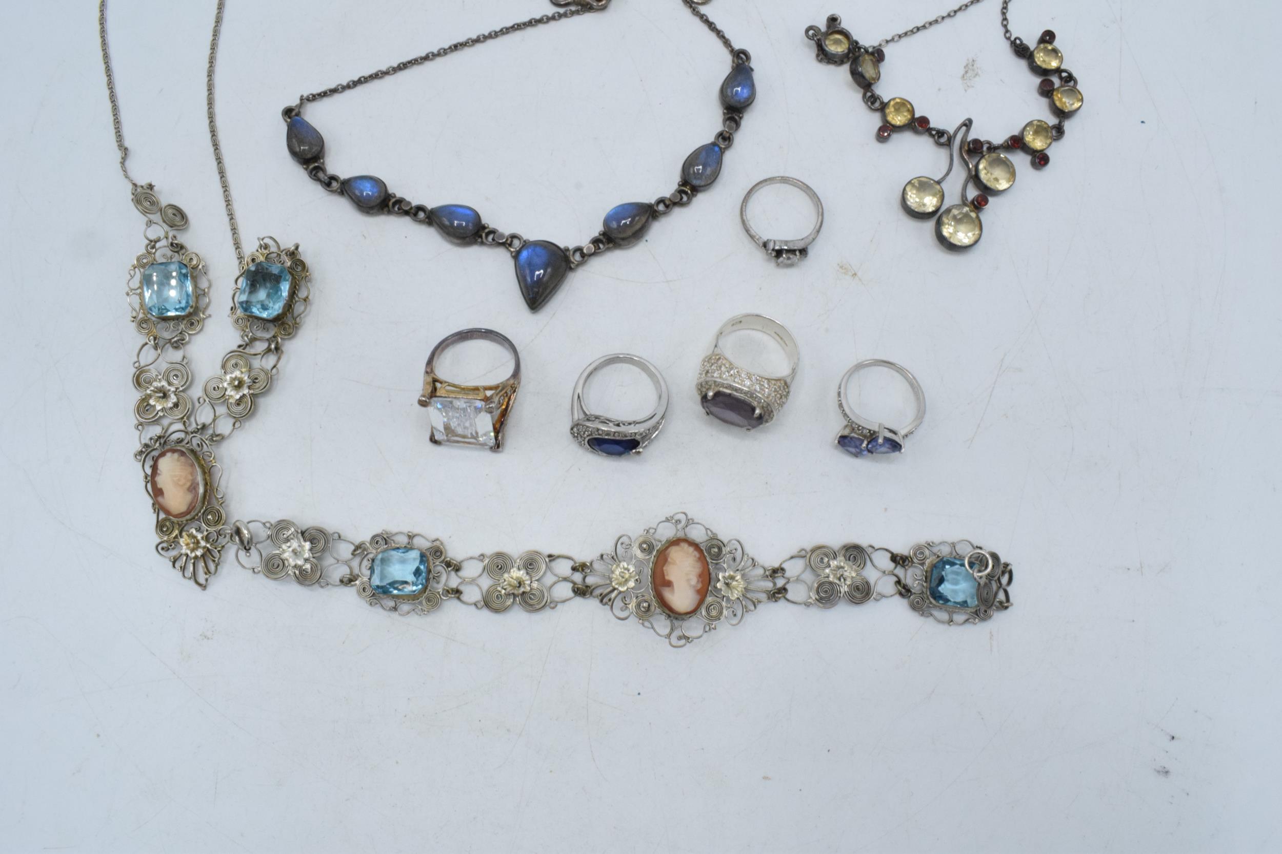 A collection of silver and white coloured metal jewellery to include necklaces, rings and others, - Image 4 of 5