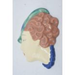 1930s Art Deco wall plaque in the form of a ladies' head, stamped 'Czechoslovakia' to rear, 19cm