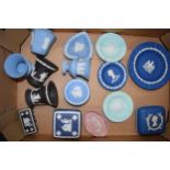 Wedgwood Jasperware in varying colours such as pink, cobalt, black, light turquoise and others to