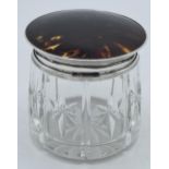 Silver and tortoiseshell topped glass jar, Birmingham 1925, L&S, 8cm tall. In good condition, firing